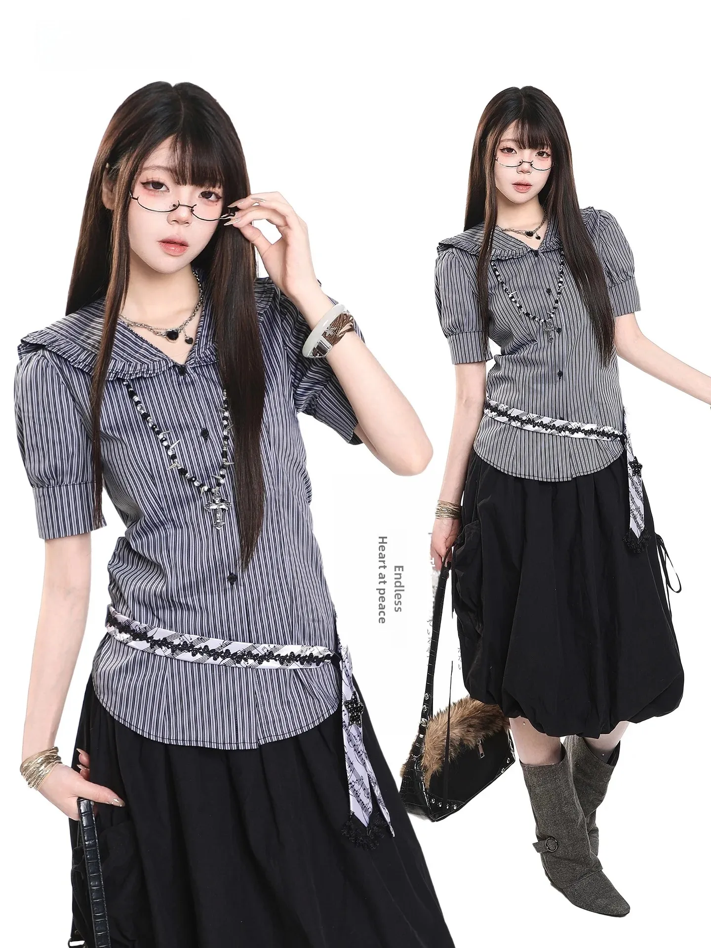 Retro Striped Doll Collar Bubble Sleeve Shirt Women's Summer New College Style Design Short Sleeve Top Casual Loose Fit