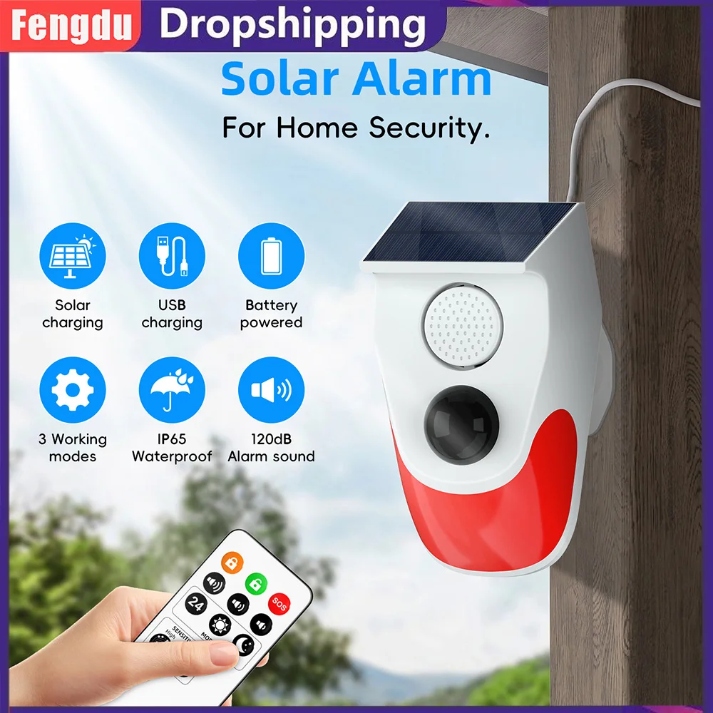 Smart Remote Control Outdoor 120dB Charging Security Sound Alarm Detector Sensor Farm Garden Solar Infrared Siren Solar