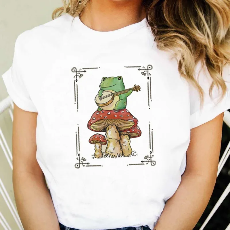 Pflanze Frosch Pilz Garnelen Rundkragen Druck Weißes T-Shirt Kurzarm Damenbekleidung Ästhetische Kleidung Grafik T-Shirts