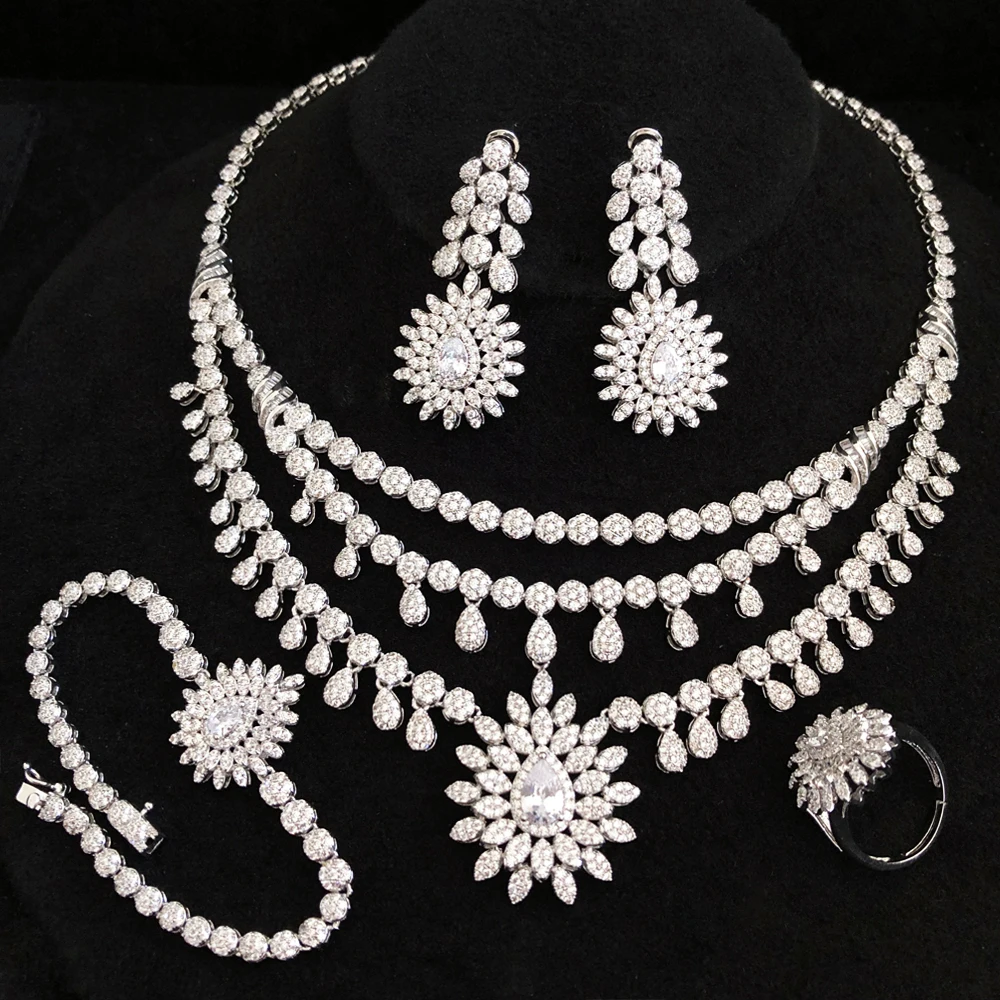 GODKI African 3 LAYERS Jewelry Set For Women Wedding Zircon AAAAA Quality Cubic Zirconia Bridal Wedding Evening Earring Necklace