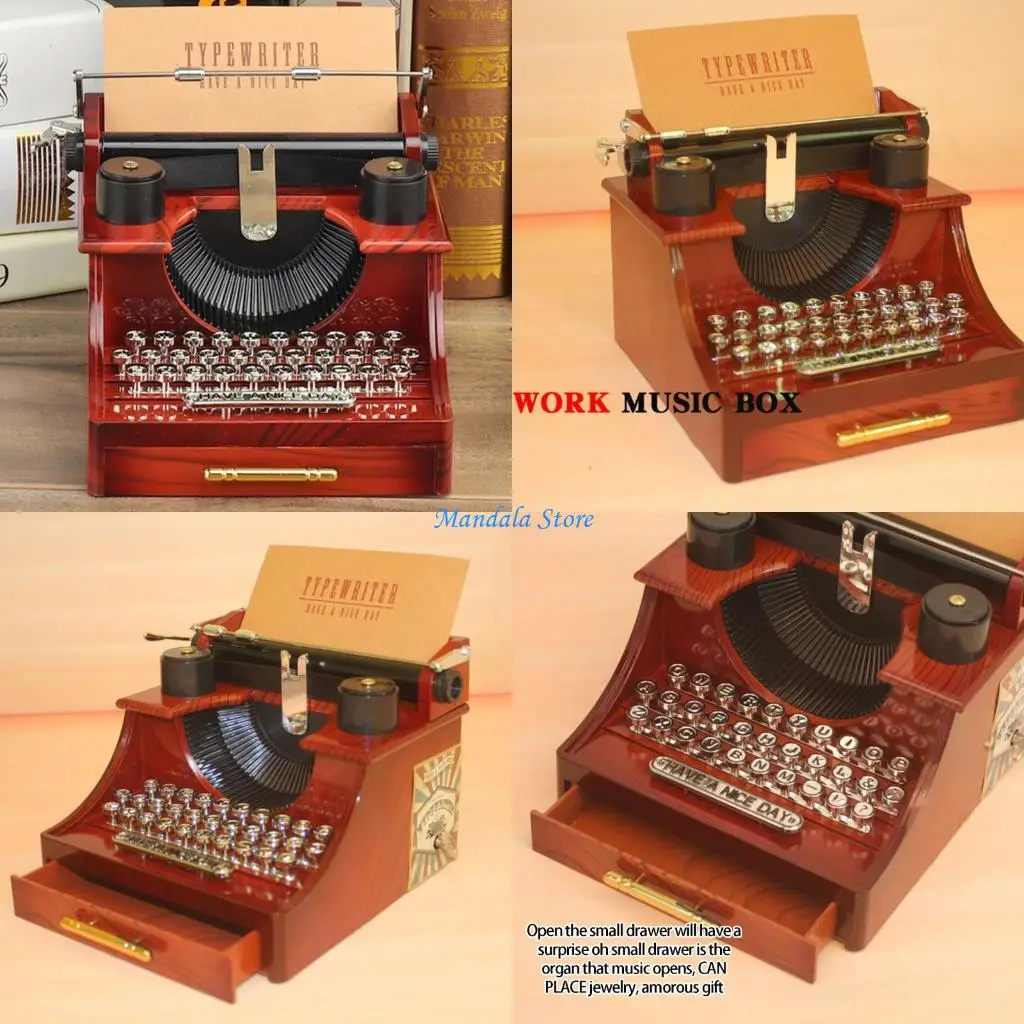 U2JC Classical Wind Up Music Box In Typewriter Plastic Ornament For Home Decors