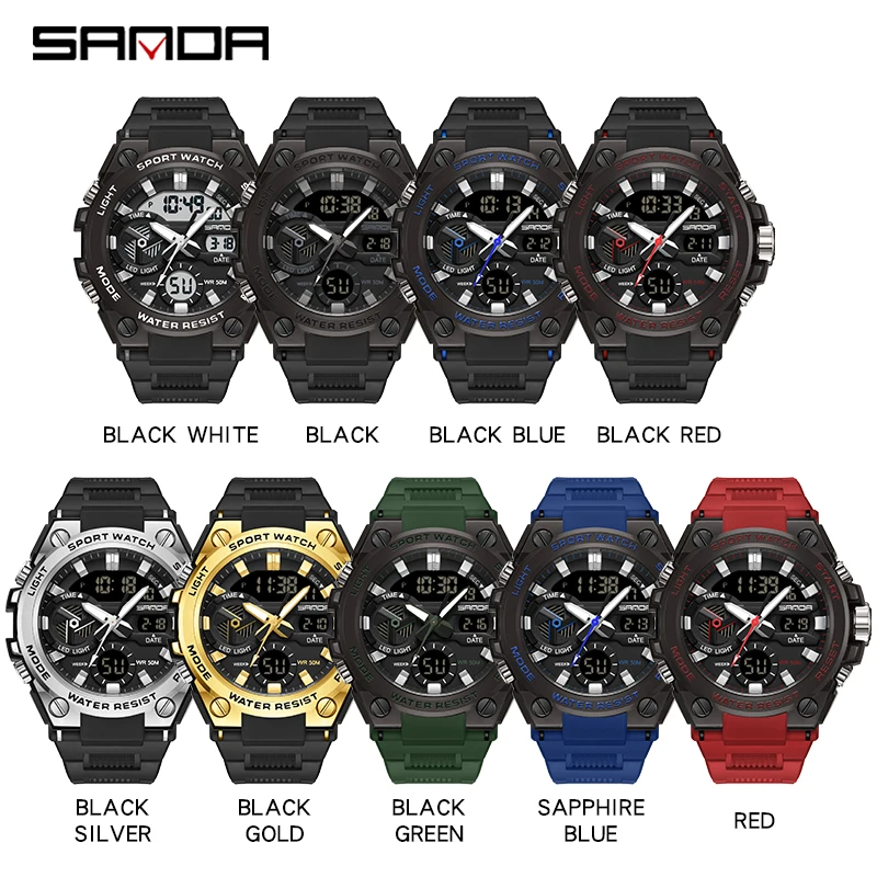 SANDA Outdoor Sport Military Men Watches 50M Waterproof Quartz Wristwatch LED Digital Electron Watch for Male Relogios Masculino