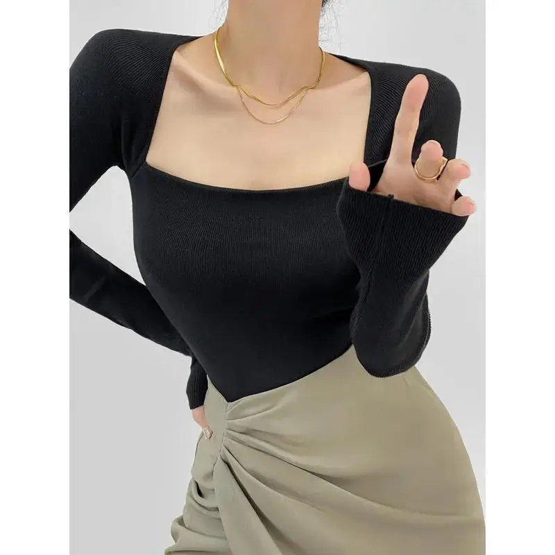 Korean Chic Long Sleeved Sexy Square Neck T-shirt Female Slim Fit Pullover Tops Knitting Bottoming Shirt Autumn Womens Clothing