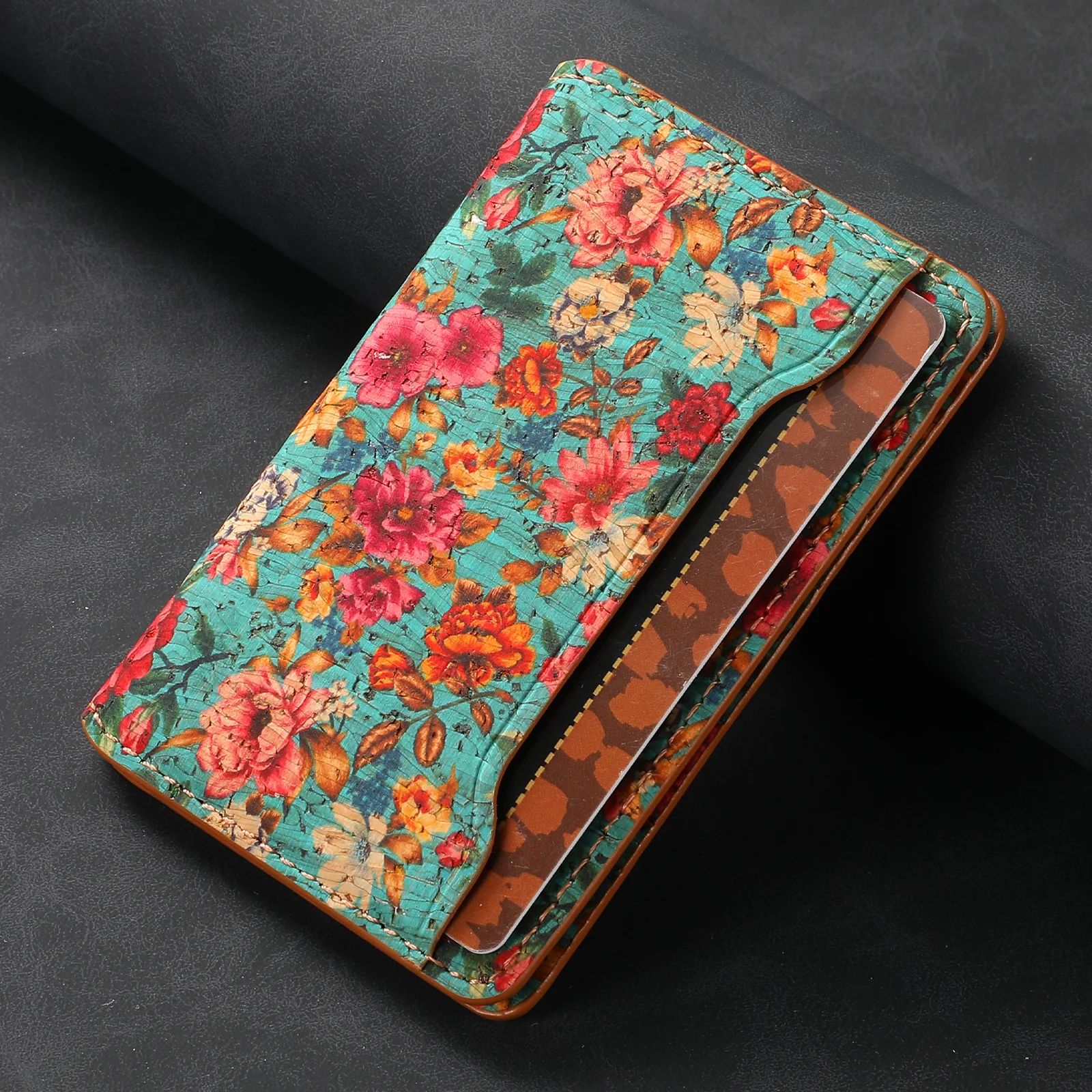 Denior Compatible with Apple Samsung Cork Material Stand Card Holder, Magsafe Magnetic Card Case Leather Wallet Cover