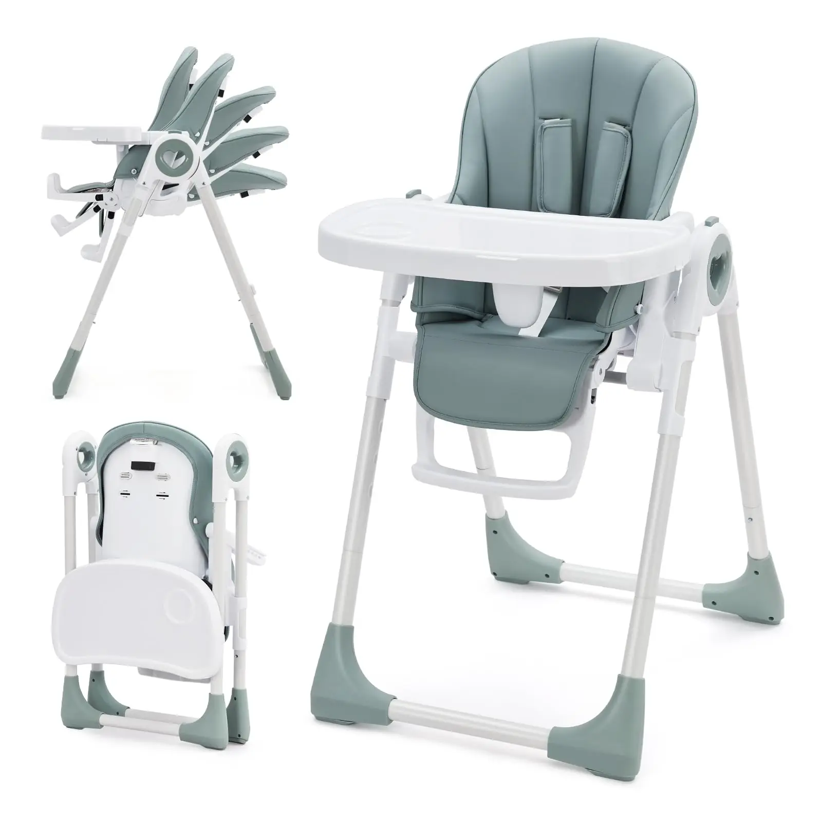 Trona plegable para bebé con altura ajustable, 5 posiciones reclinables y doble bandeja extraíble: fácil de limpiar, ahorra espacio