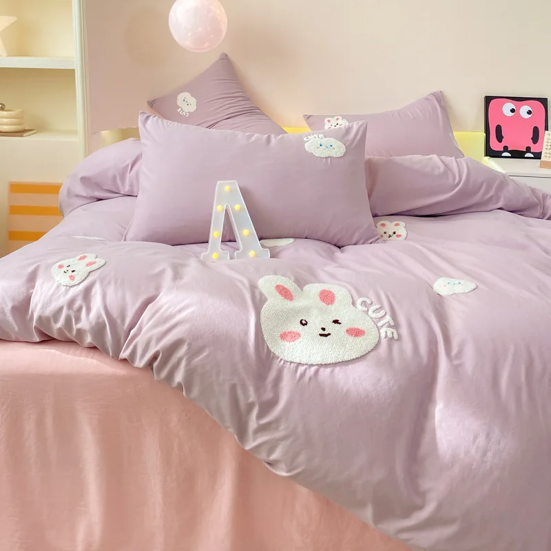 Ins Washed Cotton Four- Towel Embroidery Bedding Sheets Duvet Cover Dormitory Bed Single Student Three-Piece Set