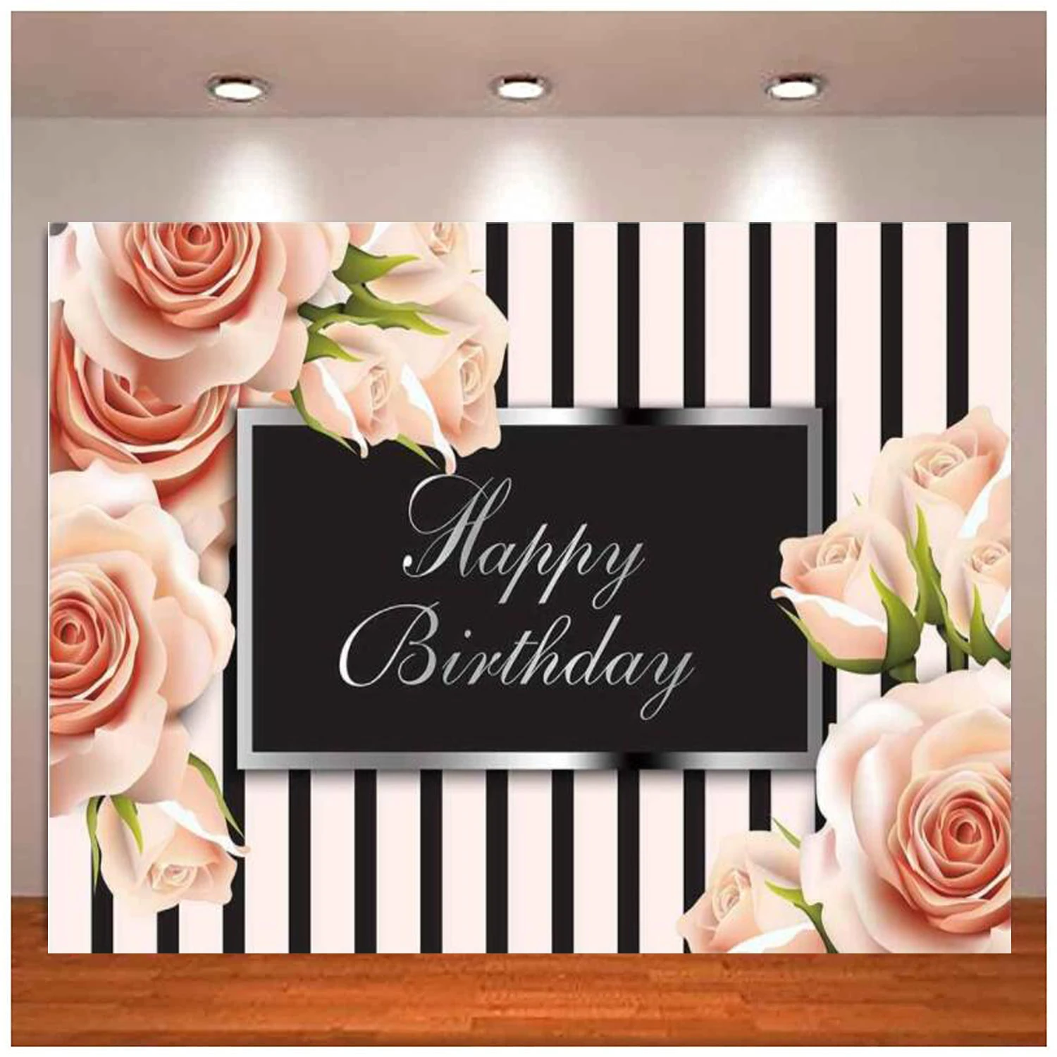 Fondo de fotografía de fiesta de feliz cumpleaños para niñas y mujeres, decoración de pancarta de mesa de Pastel dulce, flores rosas florales a rayas