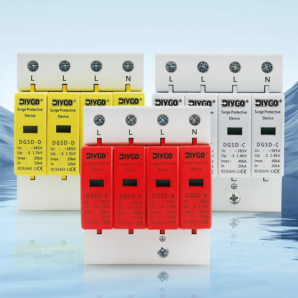 AC SPD 4P House Lightning Surge Protector 10-20KA 20-40KA 30-60KA 385V Solar PV Protective Low-voltage Arrester Device 3P+N