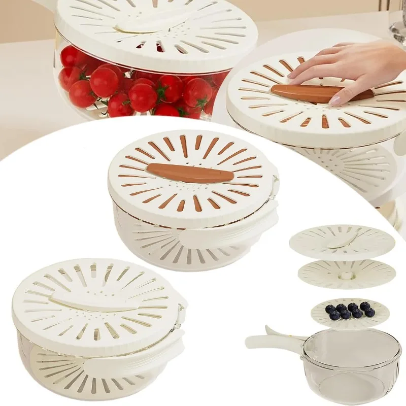 Multifunctional Draining Bowl Drainage Basket Funnel, Bilayer Collapsible Fruit Vegetable Washing Basket with Cover and Handle