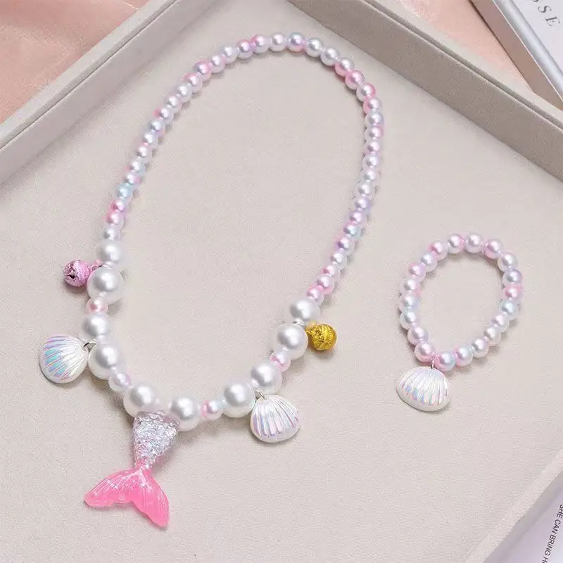 2pcs/Set Fashion Pink Purple Beads Jewelry Cute Mermaid Pattern Necklace Bracelet For Children Party Jewelry Girl Birthday Gifts