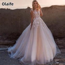 Olaife Lace Applique A Line Wedding Dresses Sleeveless Buttons Tulle Boho Bridal Gowns Long Train Elegant Princess Dresses