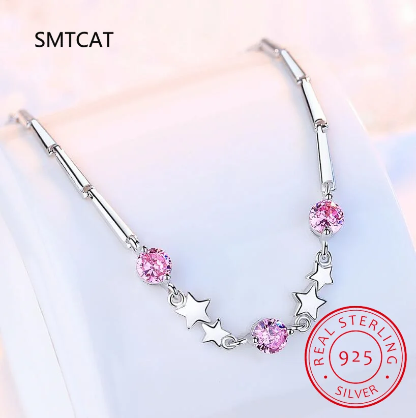 Round Created Pink Sapphire 925 Sterling Silver Star Bracelet for Women Fashion Gemstone Statement Jewelry Pulseiras De Prata