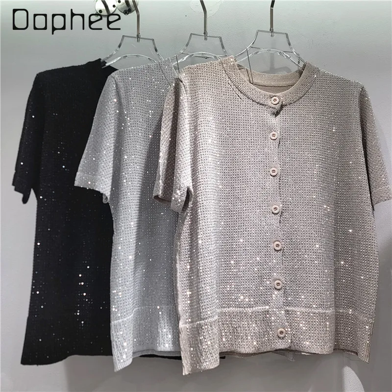 

2026 Summer New Fashion Commuter Style Heavy Industry Full Diamonds Slim Knitted Cardigan Loose Casual Short Sleeve Top Women