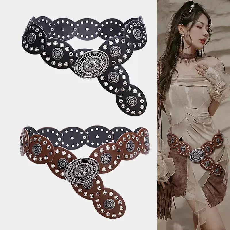 

Women's Fashion Wide Leather Waist Belt Hollow Disc Concho Boho Western Style Cowboy Waist Belts Waistband for Dress Cinturones