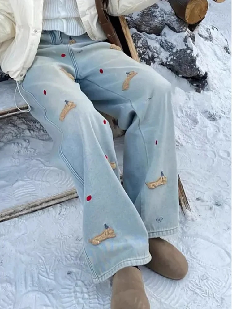 

Джинсы женские прямые с высокой талией, свободные, с вышивкой в виде мультяшного таксы, весенний дизайн, широкие штанины, эффект стройности