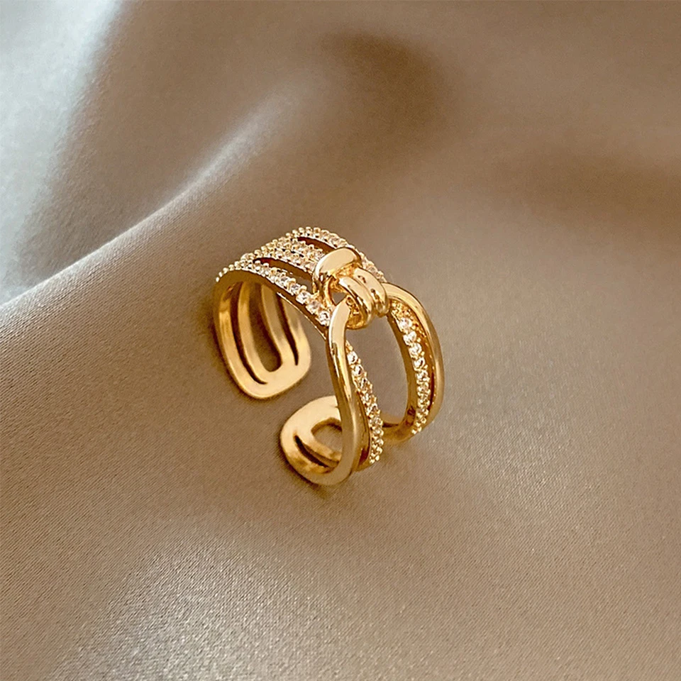 ZAKOL Fashion Double Layers Zircon Rings for Women Gold Color Plated Open Stainless Steel Ring Estetyczna biżuteria ślubna na imprezę — zdjęcie 3