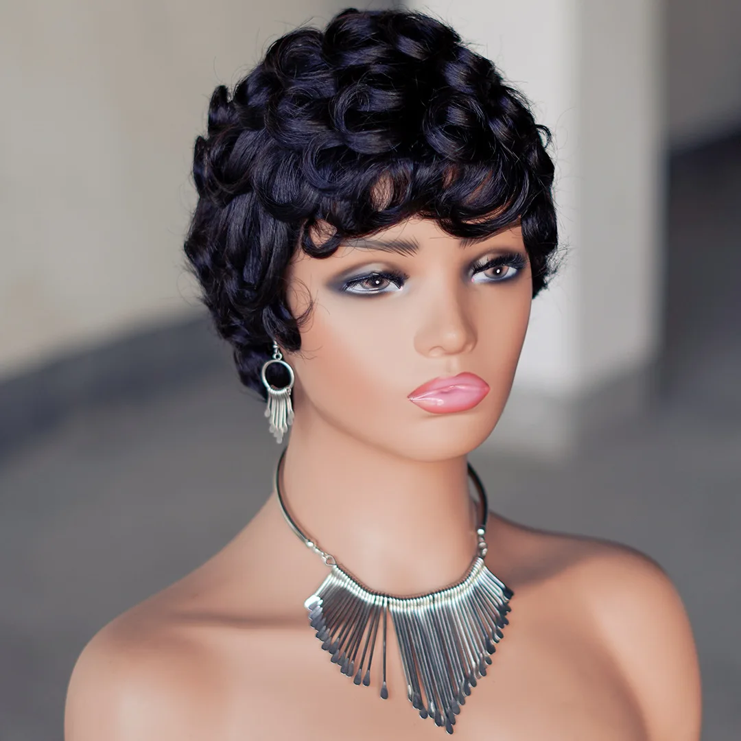 Farbe P427 Echthaar Lockige Pixie-Cut Kurzhaarperücken für Frauen 150% Dichte 6 Zoll Remy-Haar Vollständig maschinell gefertigte Perücken – Detail 2
