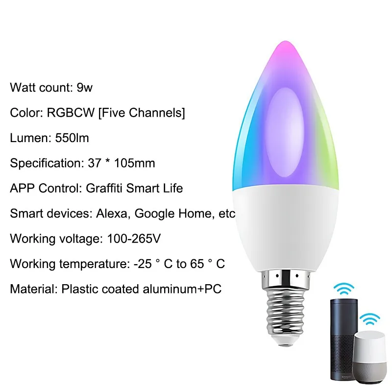 ZAOXI 100-200V Tuya WIFI Smart Light Bulb E14 LED Indoor Lighting Support Google Home Alexa Voice Remote Control RGB Candle Lamp