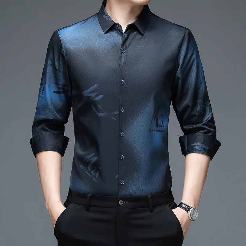 Chemise boutonnée imprimée à manches longues pour hommes, chemises d'affaires décontractées, revers, mode coréenne, haute qualité, bureau en Y, printemps, automne