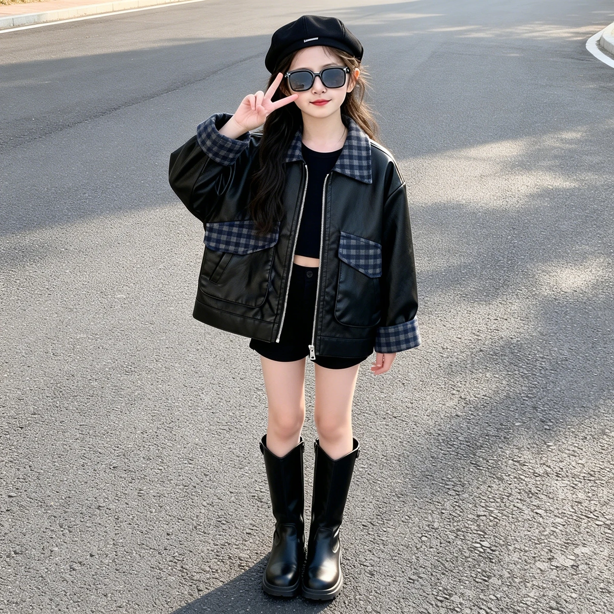 Girls Motorcycle Faux Leather Jacket Korean Style Autumn Biker Coat Cool Trendy Kids Girls Outerwear Children Fashion Streetwear