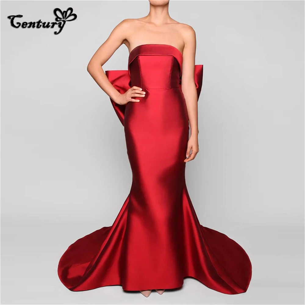 Dark Red Prom Dress Long 2023 Big Bow Strapless Sweep Train Satin Mermaid Formal Evening Party Gowns Robe De Soiree Customized