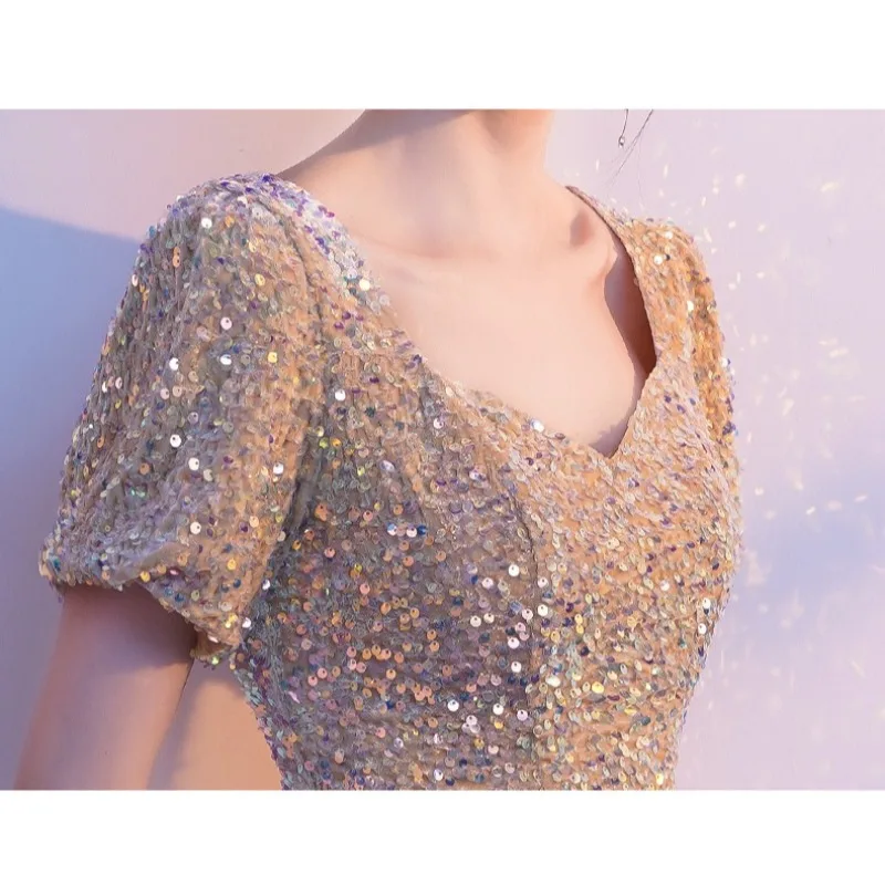 2025 novo verão novo feminino de alta qualidade luxo champanhe brilho com decote em v banquete presidente vestido noite moda anfitrião vestido