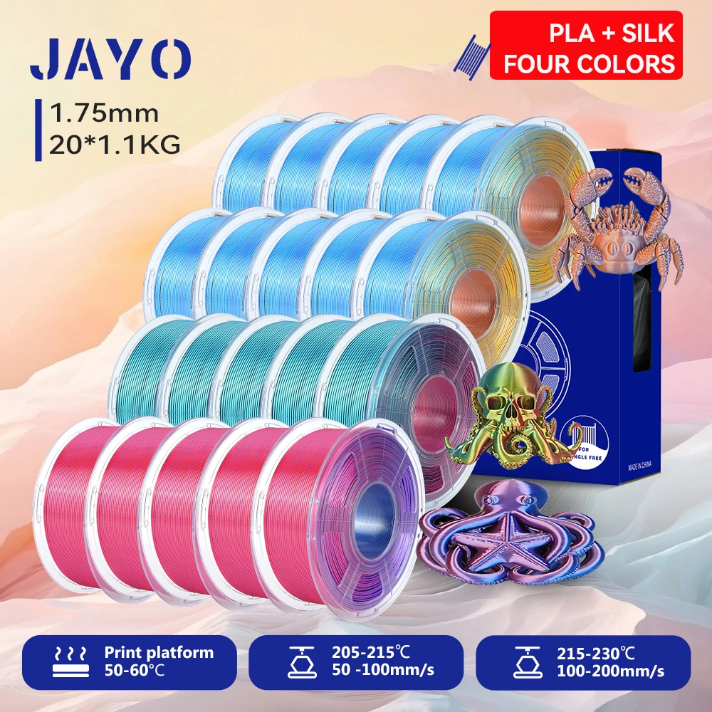 JAYO 20 Rollen 3D Zijde PLA Filament Vierkleurig PLA Plus 3D Printer Filament 1.75mm Glanzende Zijdetextuur 4-in-1 Kleurenfilament