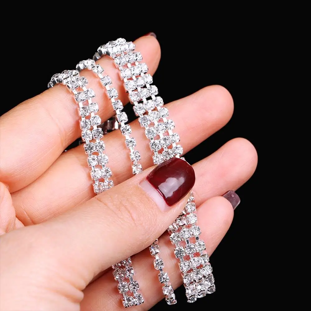 Compact Applique Silver Chain Sparkling Beautiful 1 Yard Crystal Rhinestone 1-row 2-row 3-row Trim