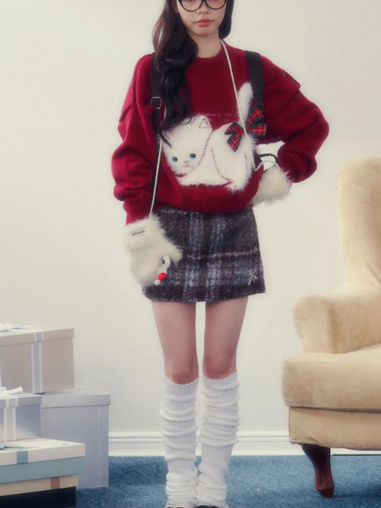 Kawaii Kitty Cat Print Christmas Red Pullover Bow Women O-Neck Sweaters Y2k Sueter Mujer Japanese Sweet Preppy Style Knitted Top