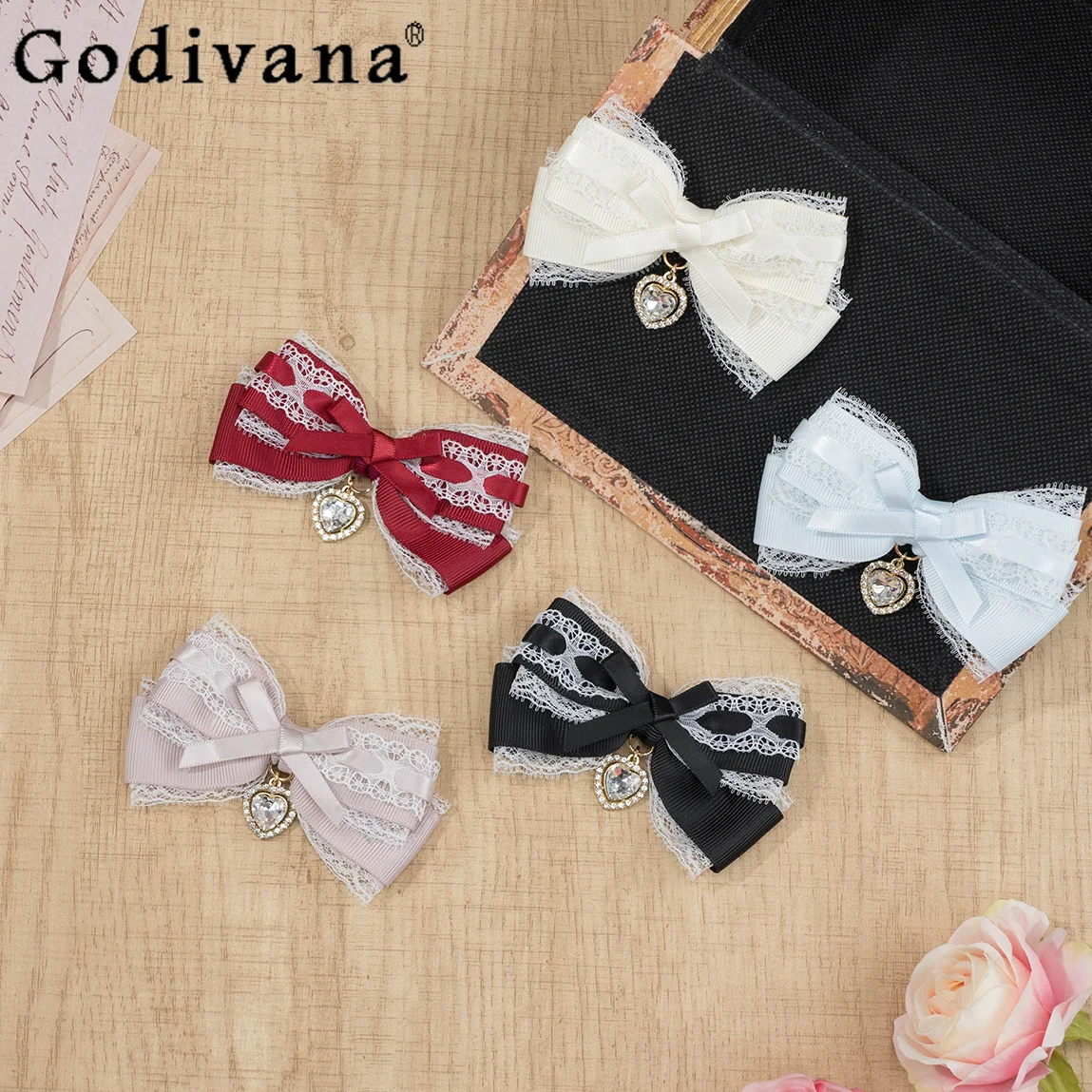 

Mine Mass-Produced Japanese Handmade Bow Love Pendant Lace Lolita Hair Clip Girly Cute All-Match Kawaii Fashion Hairpin Women