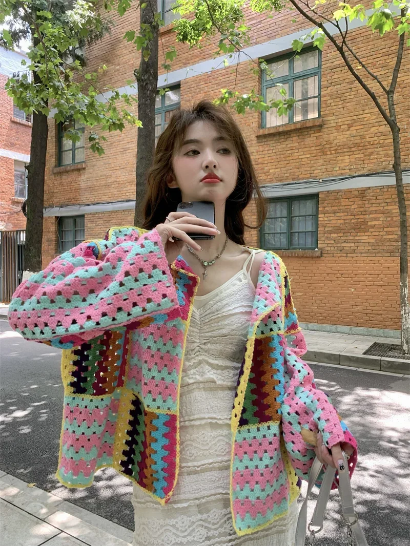 2025 Colorful Crochet Knit Hollow Cardigan Sweater Jacket Women Spring Top Loose Short Knitwear
