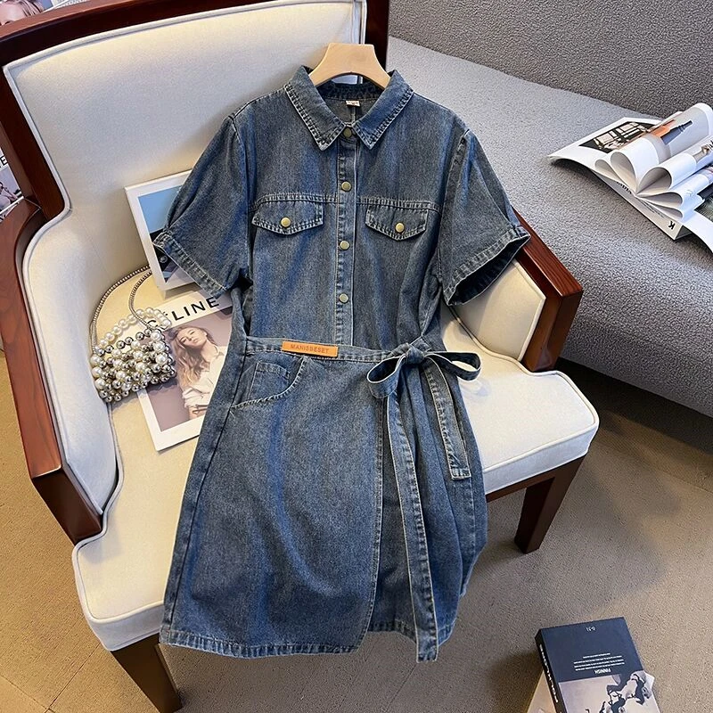 

Elegant Slimming Waist Tie Shirt Dress Denim Women's High Waist Sweet Style Short Sleeve Collar Color Chinese Origin