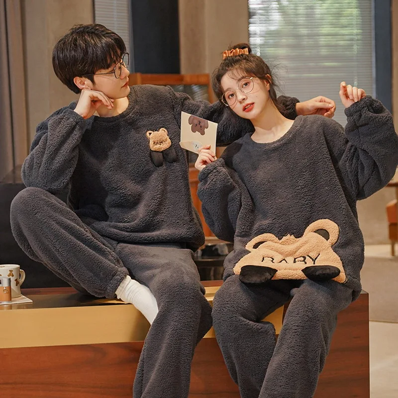 Casal flanela Plush Grosso Pijamas Set, homens e mulheres, tamanho solto, Warm Coral Velvet, Roupa para casa, Novo, Welcome Deal Discount