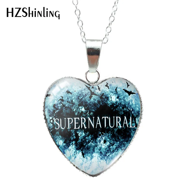 Supernatural TV Paintings Heart Shaped Glass Cabochon Pendants Handmade Necklace Jewelry