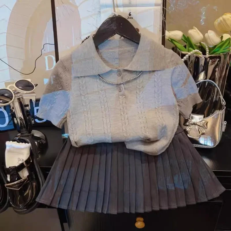 

TOY-2025New Style Girls' Preppy Style Summer Fashionable Knitted Short Sleeve SetPOLOPleated Short Skirt Two-Piece Set