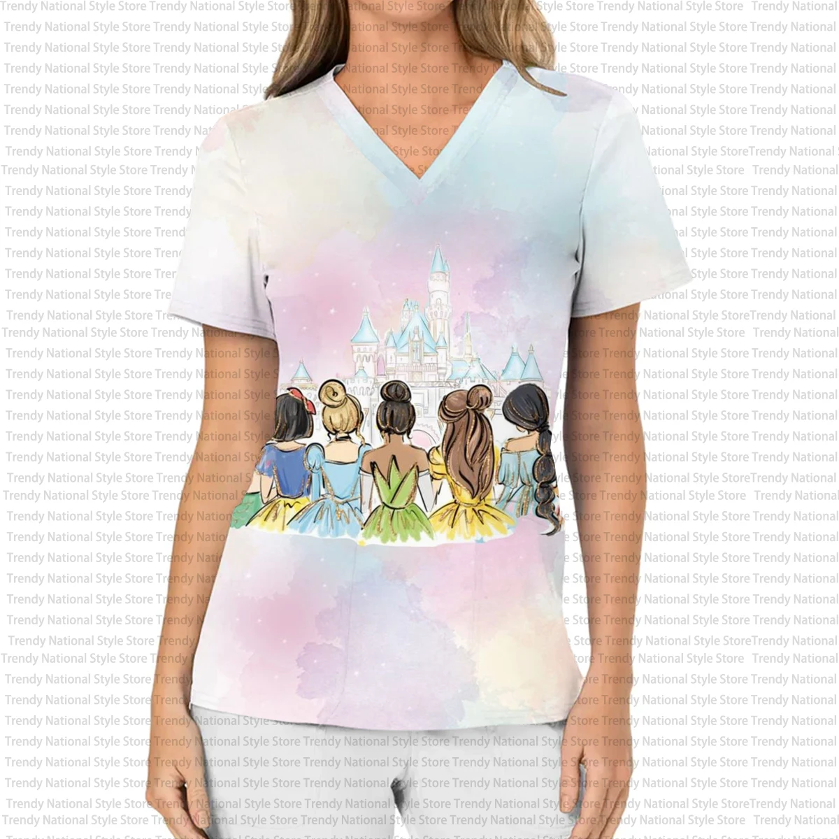 Disney Sirenetta Principessa Alice T-shirt da donna per negozio di animali ospedaliero da donna Uniforme da infermiera stampata Top opaco per allattamento