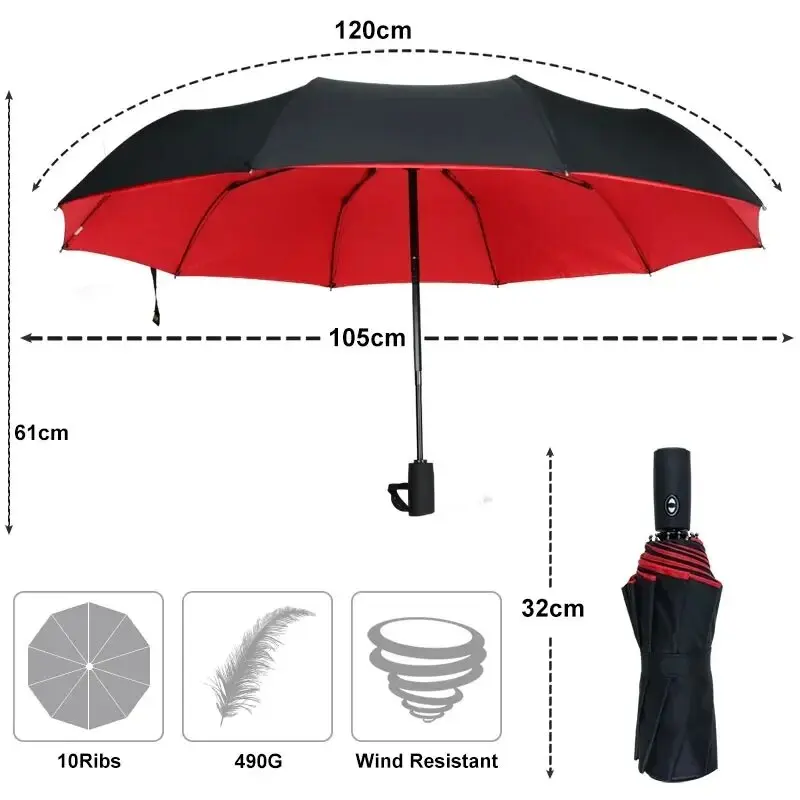 Strong Windproof Double Automatic 3 Folding Umbrella Rain Women Men 10K Car Luxury Large Umbrella Female Male Business Parasol