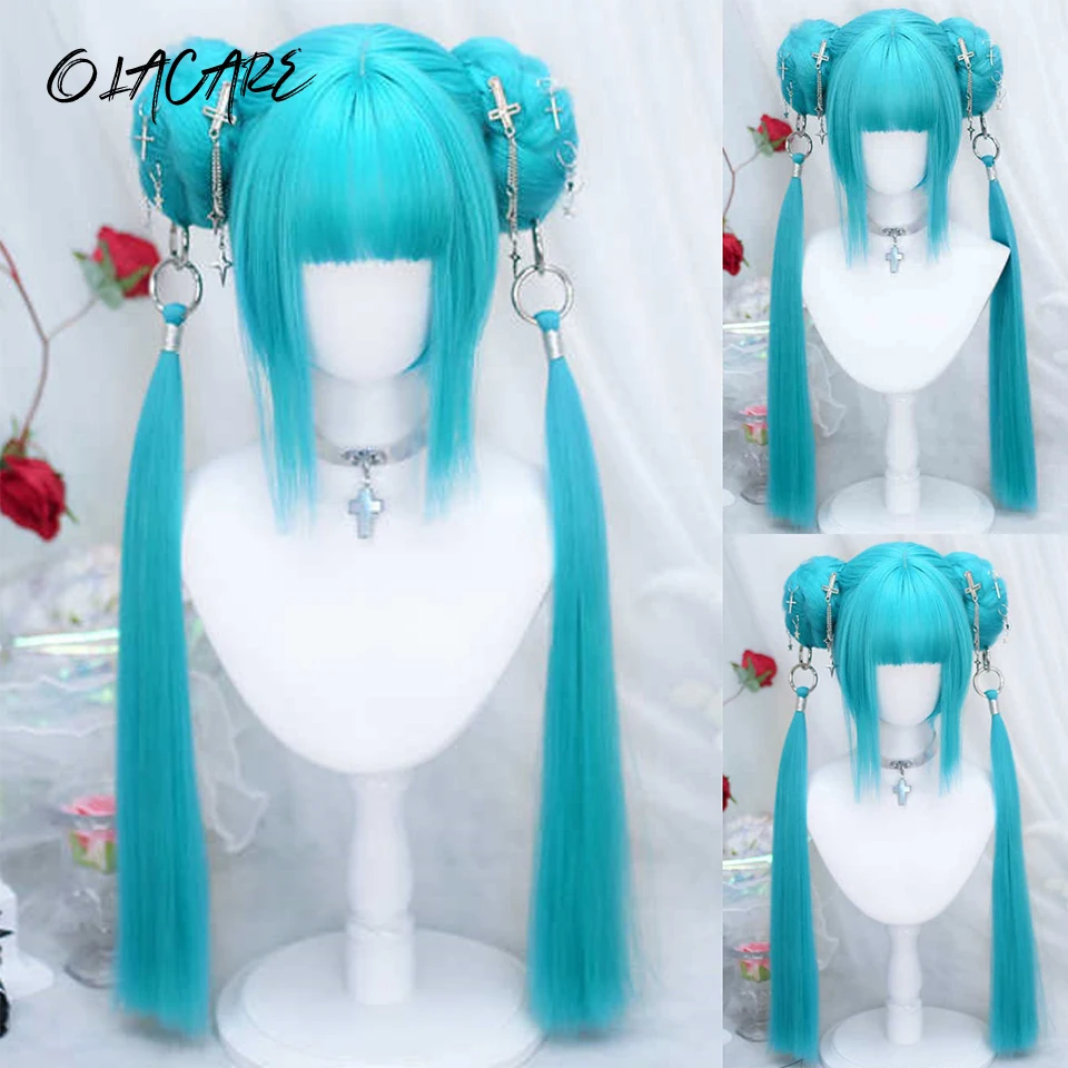 Synthetic Short Straight Wig with Long Ponytail Hairbun Lolita Cosplay Party Harajuku Black Blue Green Wig With Bangs for Women