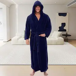 Men Hooded Bathrobe with Adjustable Belt Fluffy Solid Color Pocket Design Male Long Fleece Robe Nightgown Bath Gown Sleepwear