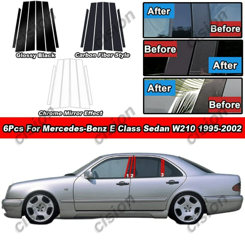 For Mercedes Benz E Class W210 Car Door Window Center Middle B C Pillar Post Column Cover Trim Black Carbon Fiber Chrome Sticker