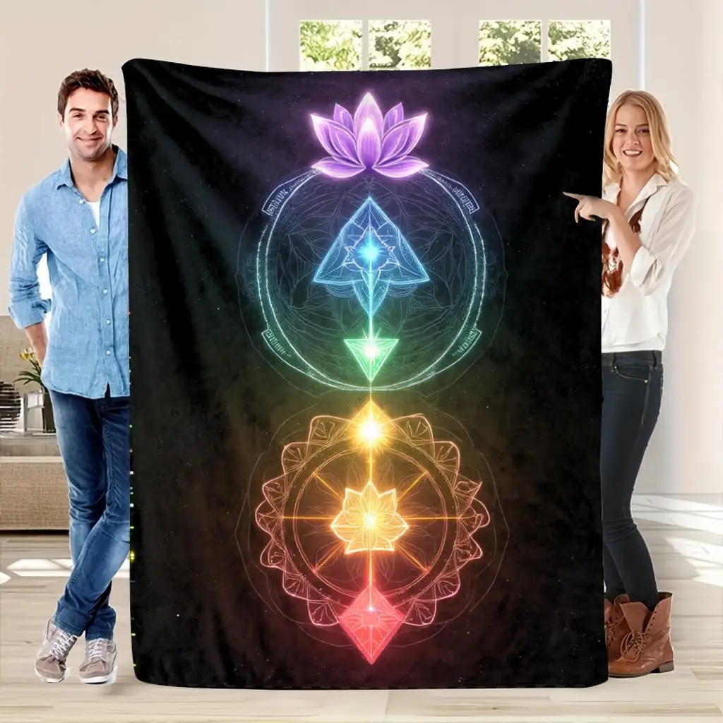 Deep Black Starry Backdrop Dual Glowing Chakra Lotus Mandala Fluffy Throw Blanket, Warm Soft Couch Bed, Yoga Room Decor Present