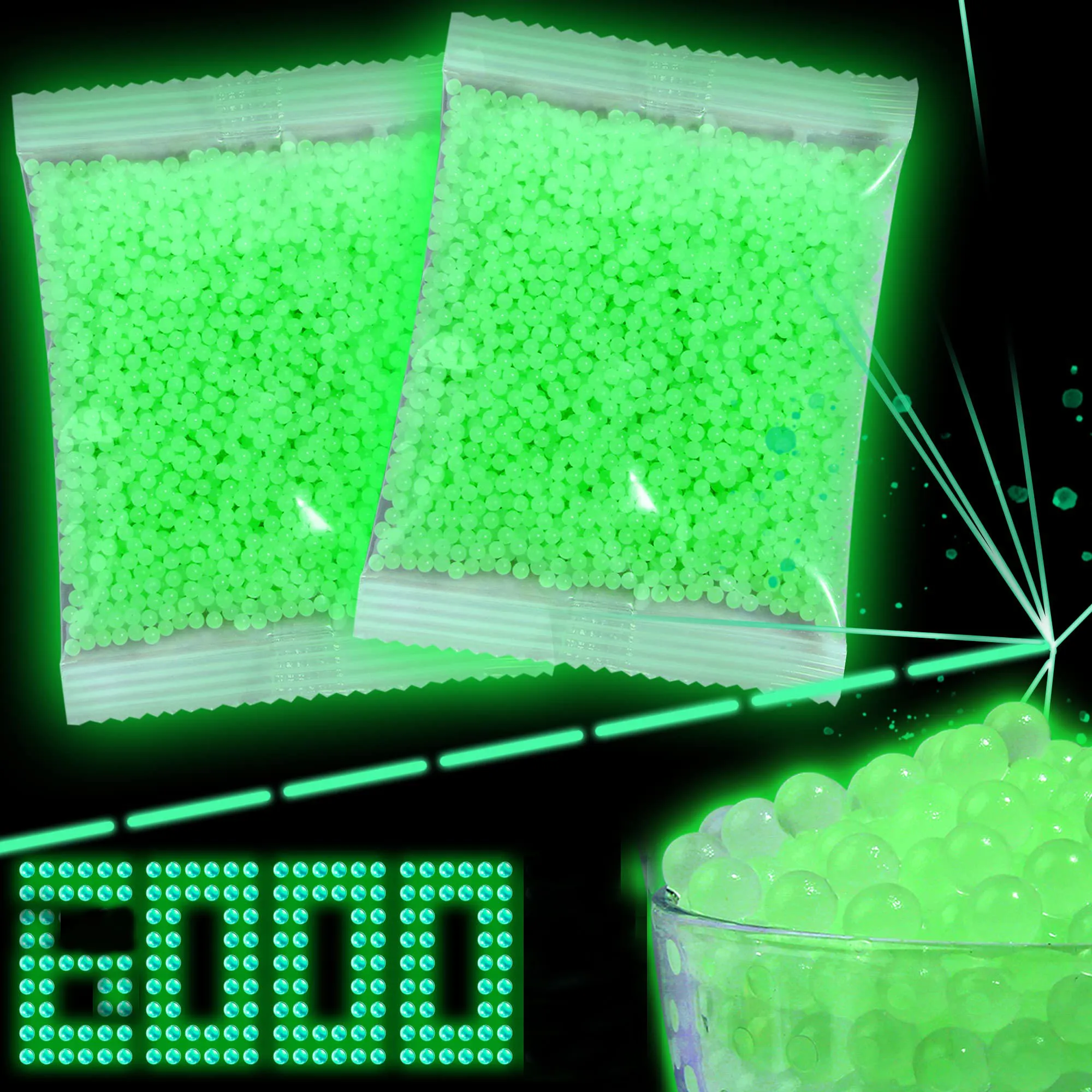 Luminous Blaster 6000 Stück, im Dunkeln leuchtende Wasserkugelperlen, Gelmunition, 7–8 mm Fluoreszenz, passend für Gel-Kugelpistole, 2 Stück