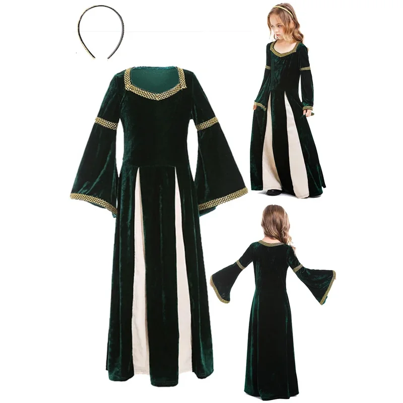 

Medieval Princess Cosplay Kids Girls Fantasia Dark Green Retro Gown Halloween Renaissance Costume Disguise Party Clothes