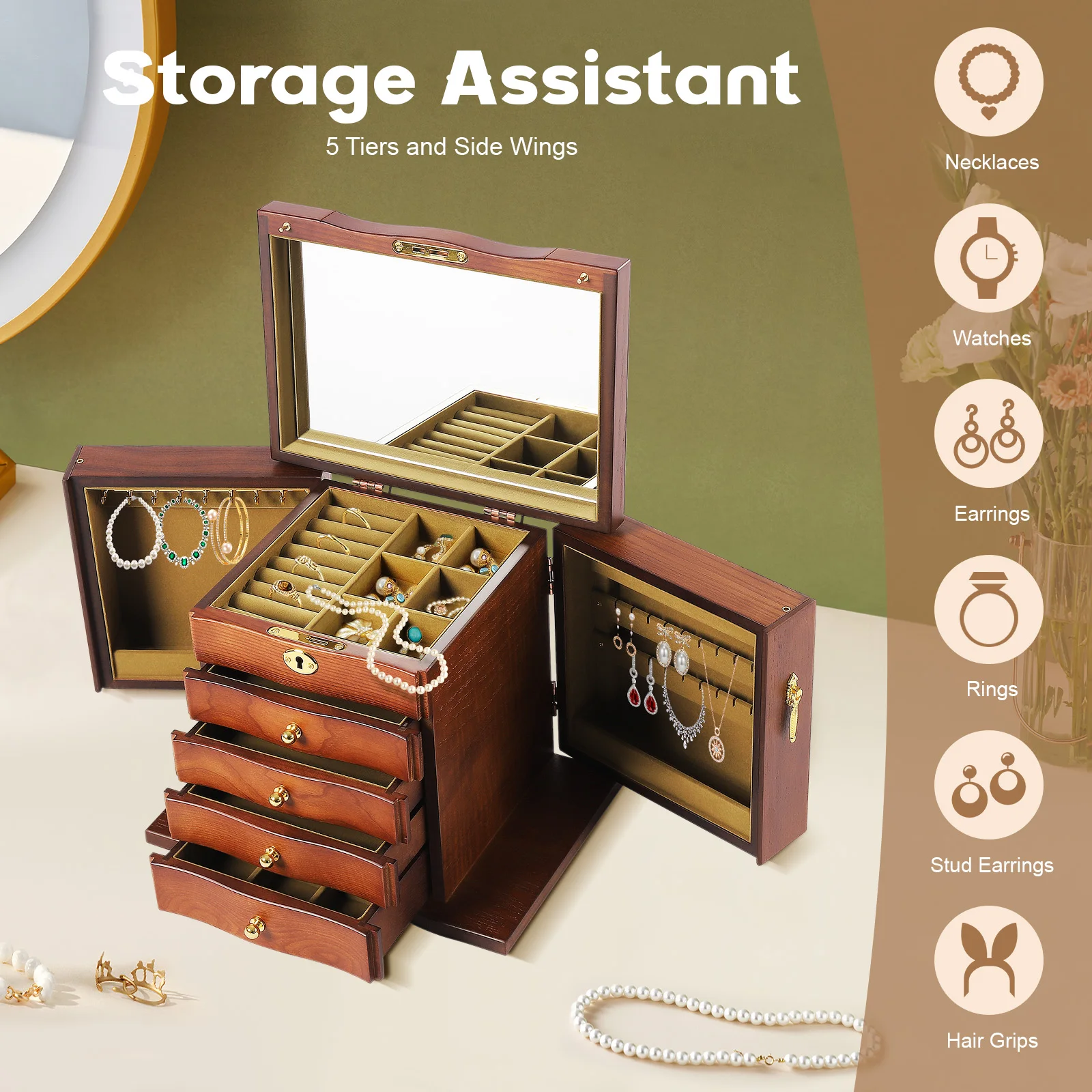 5 Layers Wooden Jewelry Box Christmas Gifts Birthday Presents Large Capacity With Lock Chinese Style Organizer Storage