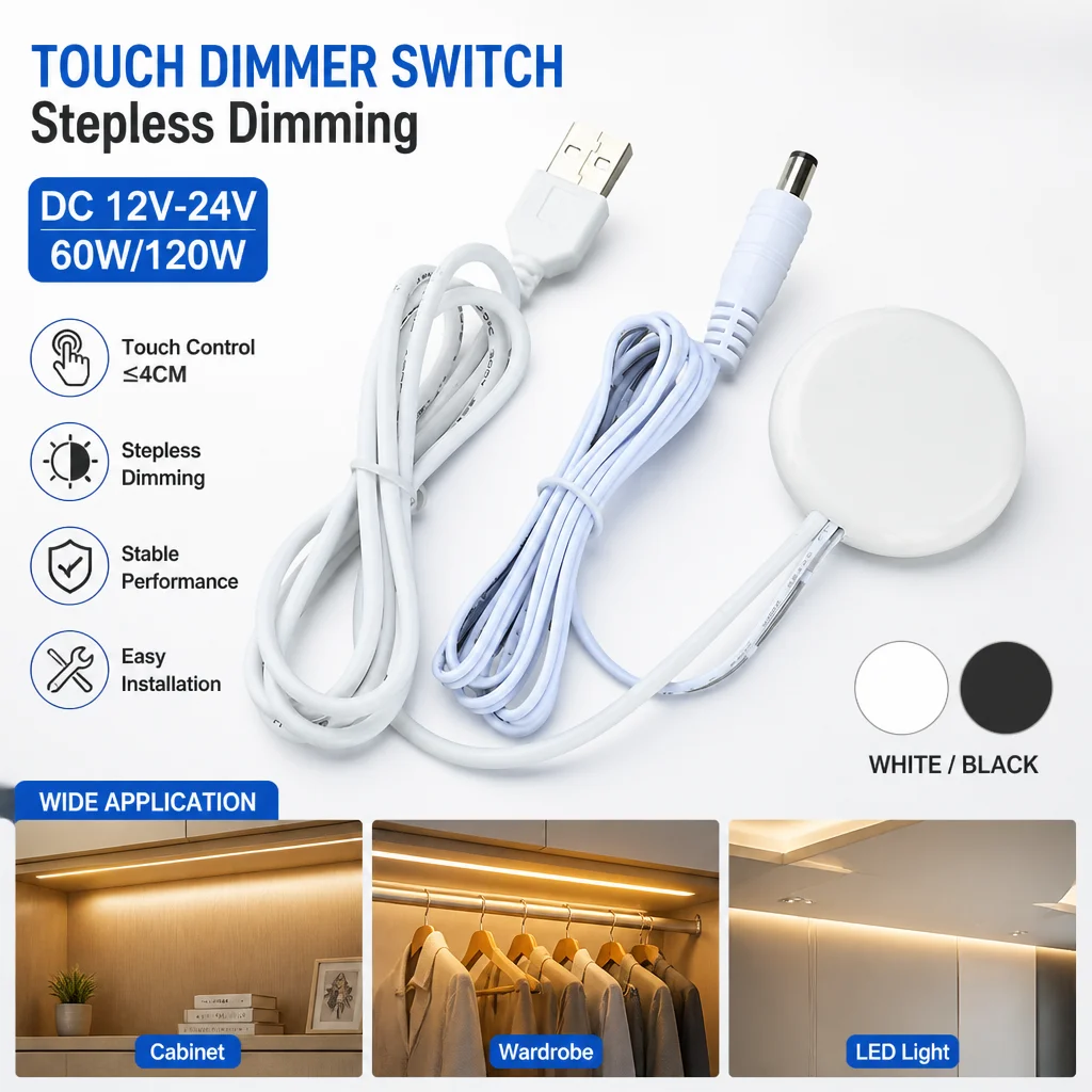 DC 12‑24V 5V Touch Sensor Dimmer Switch 60W 120W 25W Max 5A Through Plate Control For LED Cabinet Wardrobe Light DIY
