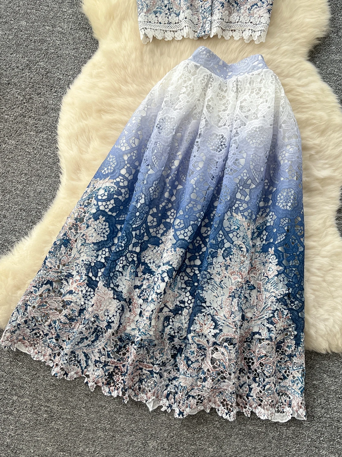

Ele Lace Patchwork Bubble Sve Embroidered Top High Waist Skirt Set Women's Faion Summer Outfit High-End Sensation