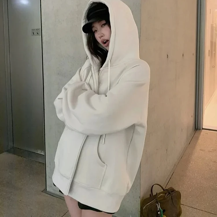 冬の女性用ヘビーウェイトフーディーココナッツシェルホワイトレイジーカジュアルカーディガン長袖厚手コットンフード付きスウェットシャツ