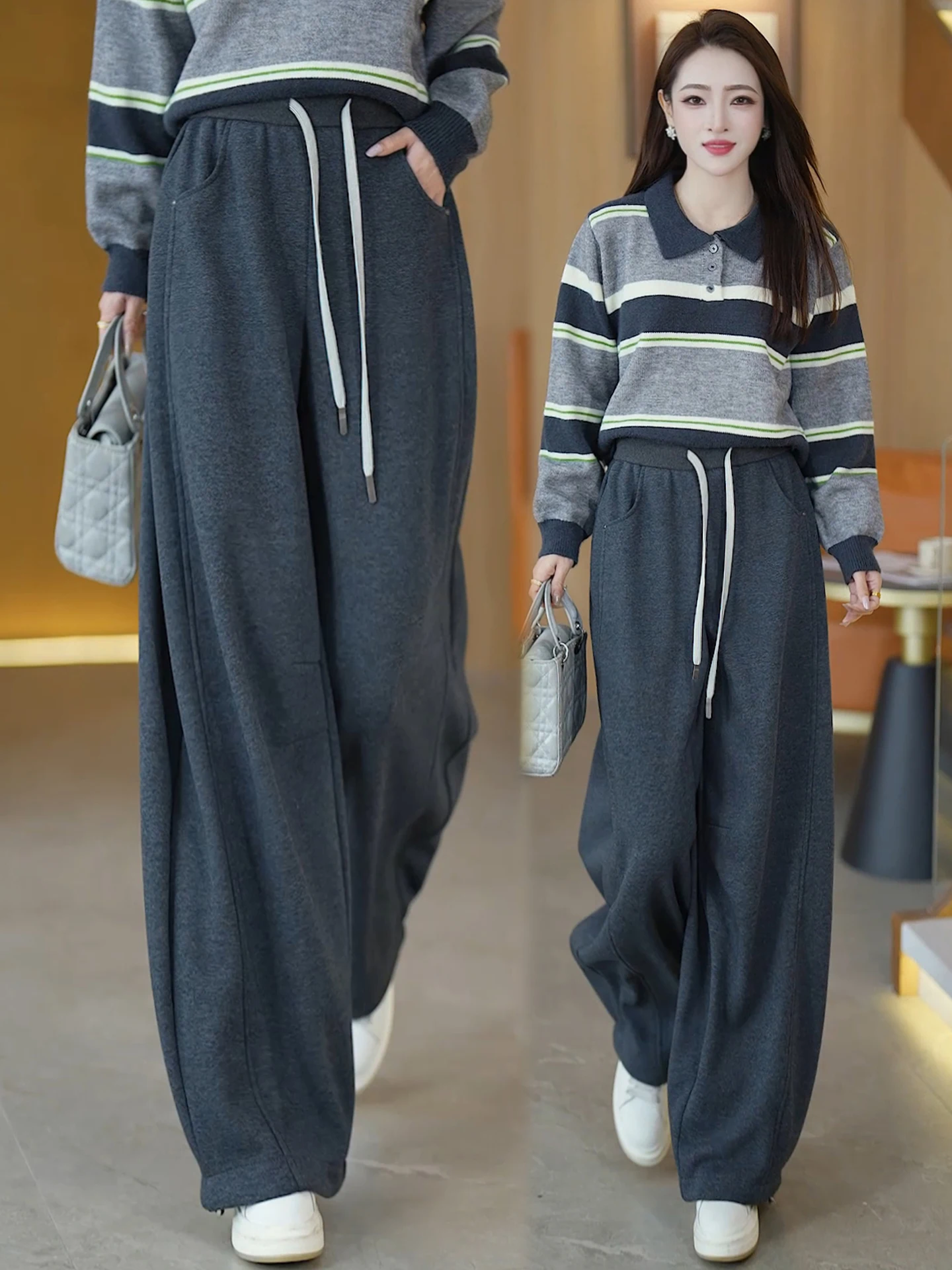 

High Waist Wide Leg Knife Pants Women's Autumn Winter New Elastic Loose Casual Fleece Lined Banana Pants Lazy Style