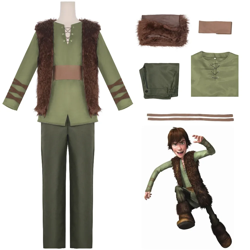 Anime Dragon Hiccup Cosplay Costume Green T Shirt Pant Brown Vest  Set Halloween Party Clothes Fancy Dress for Man