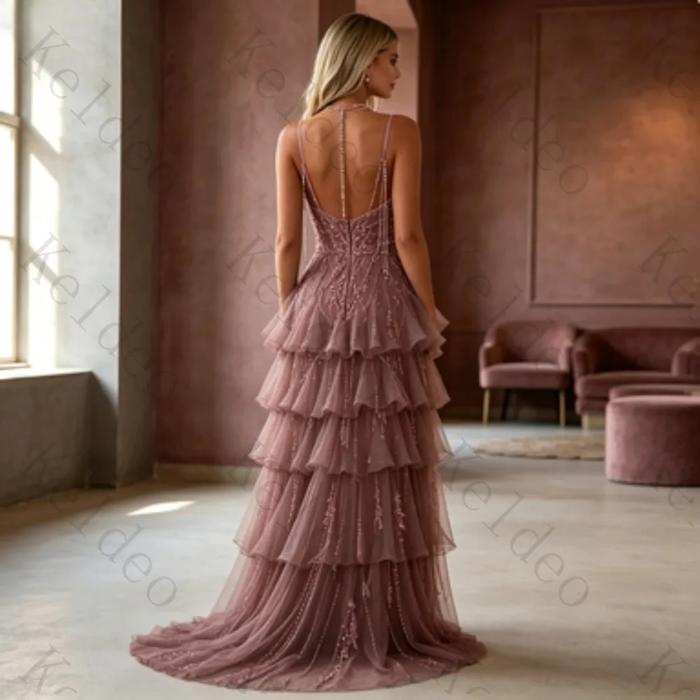 Customized Spaghetti Strap Sweetheart ALine Evening Dress Corset Bodice Beaded Sparkle Multi‑Layer Ruffle Tulle Formal Prom Gown